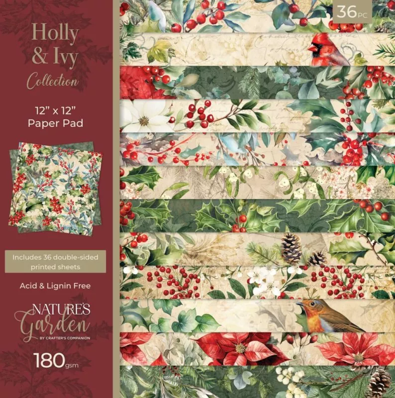 Crafters Companion Holly & Ivy 12"x12" inch paper pad